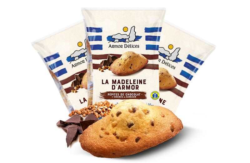 Photo de La Madeleine d'Armor aux Pépites de Chocolat et graines de Sarrasin torréfiées – Lot de 3 sachets de 8 madeleines