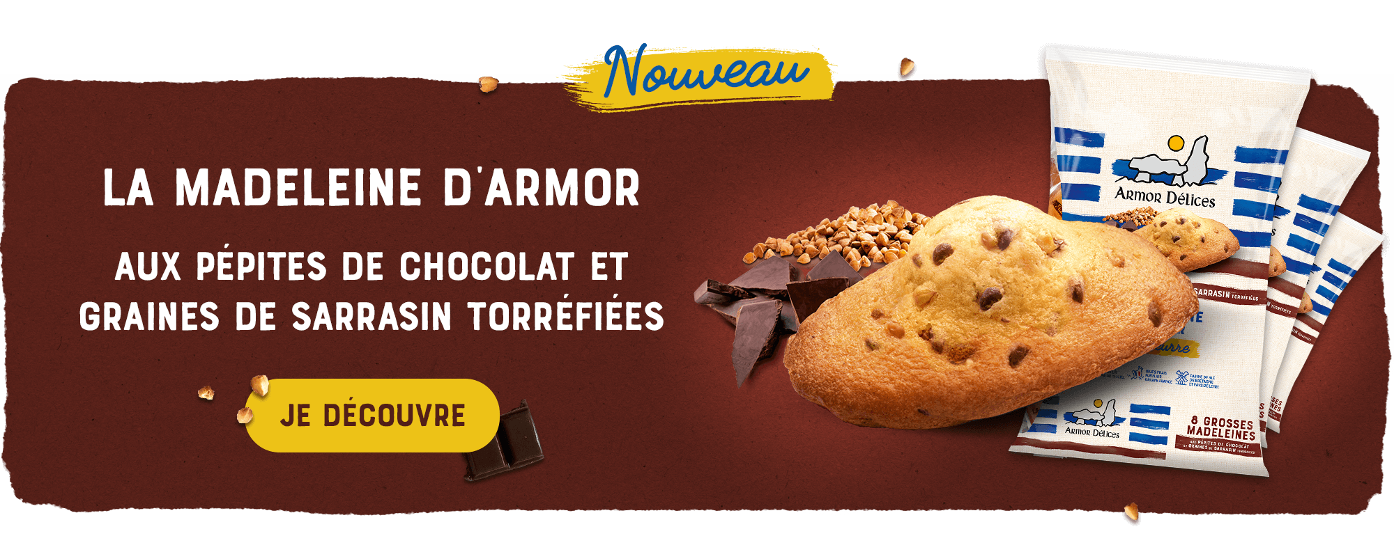 Découvrez notre nouvelle Madeleine d'Armor aux pépites de chocolat et aux graines de sarrasin torréfiées
